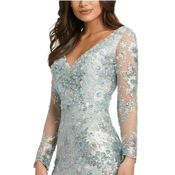 Mac Duggal NWT $698 size 8 EMBELLISHED V NECK ILLUSION LONG SLEEVE GOWN style 67 - Picture 3 of 16